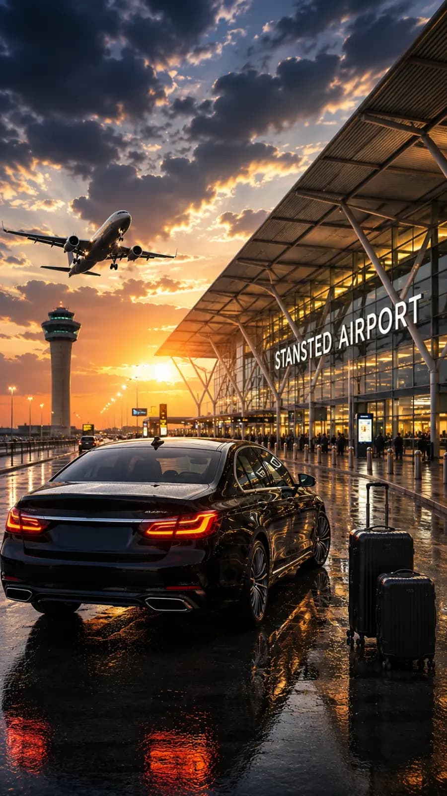 A pre-booked car outside the Stansted Airport terminal