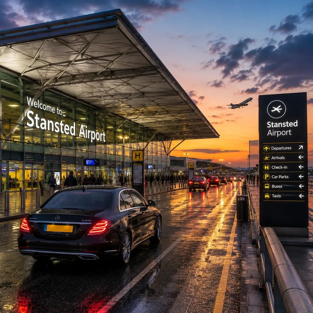 A saloon car waiting to collect passengers at Stansted Airport