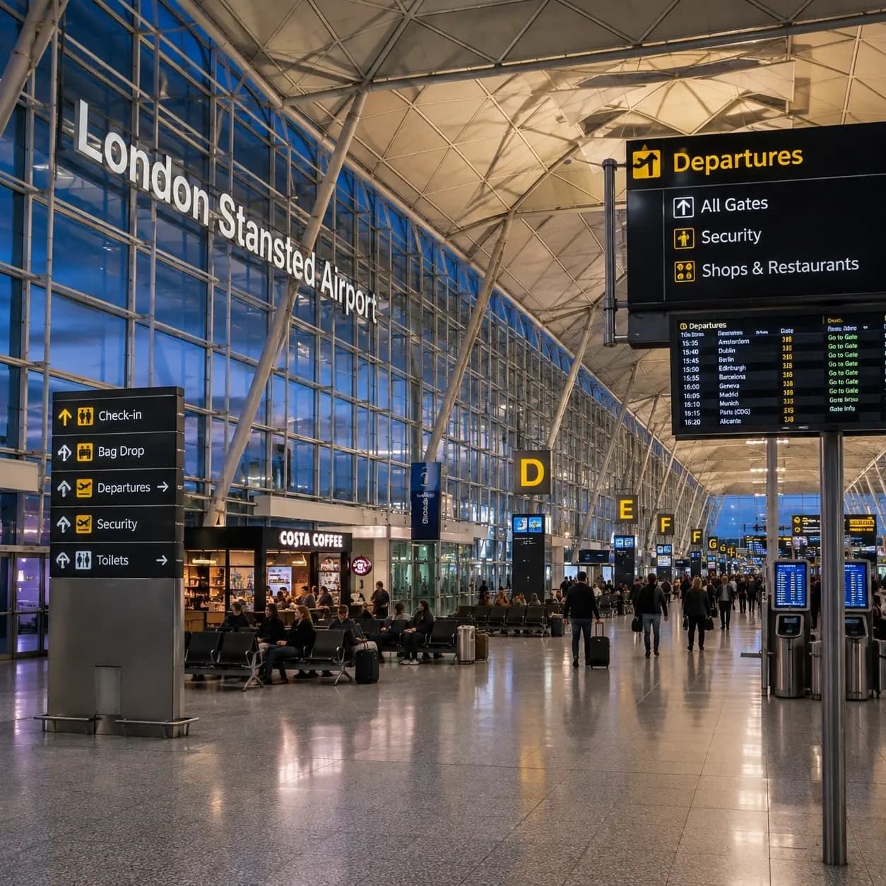 Inside the single passenger terminal at Stansted Airport
