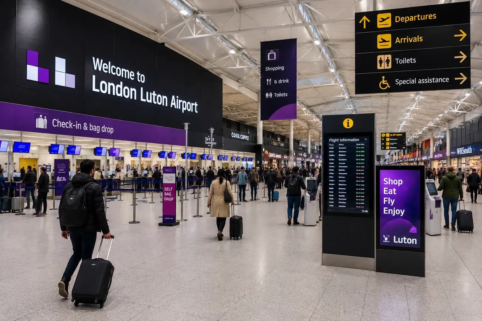 A modern terminal concourse with overhead signage