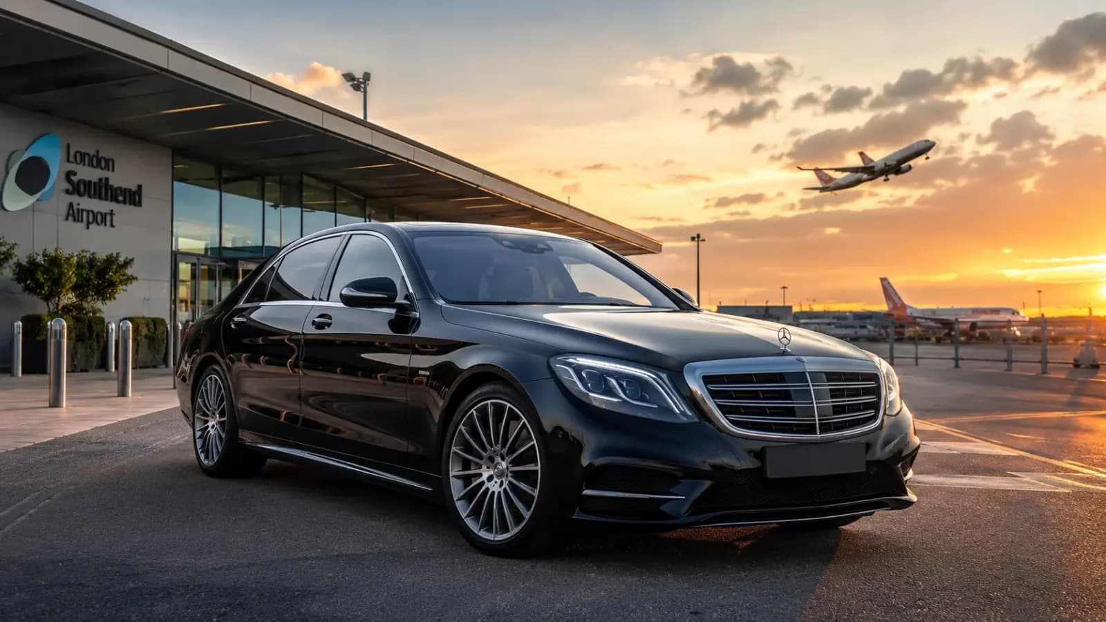 A dark Mercedes saloon photographed from the front