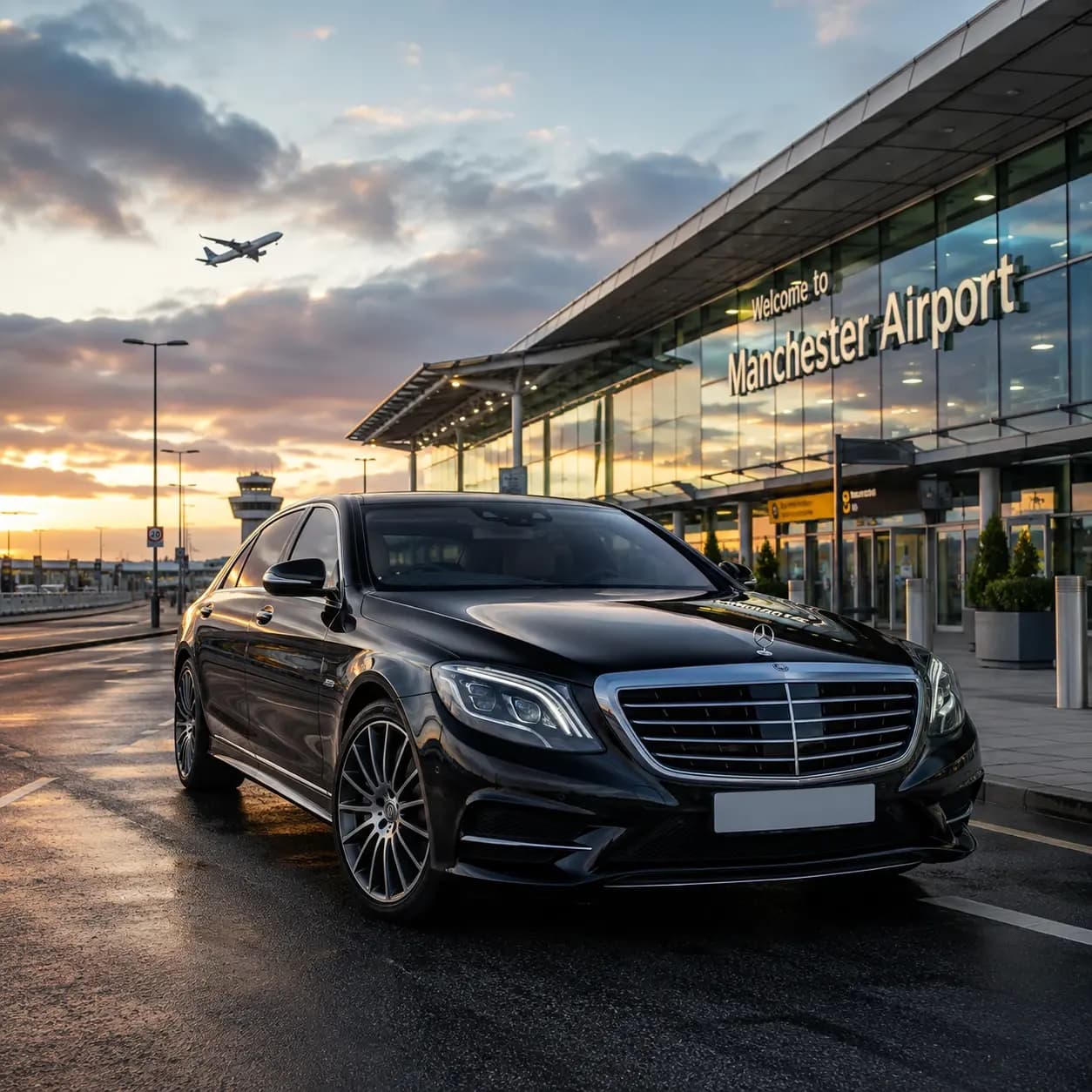 A dark Mercedes saloon photographed from the front