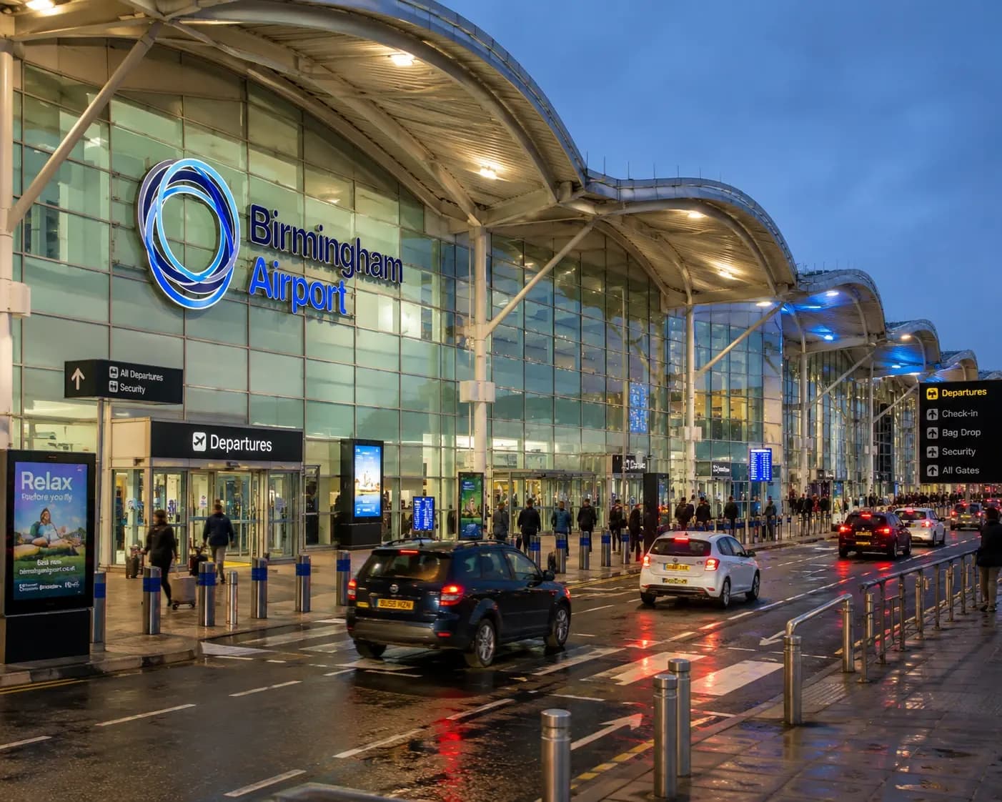 Check-in desks in a quiet airport terminal