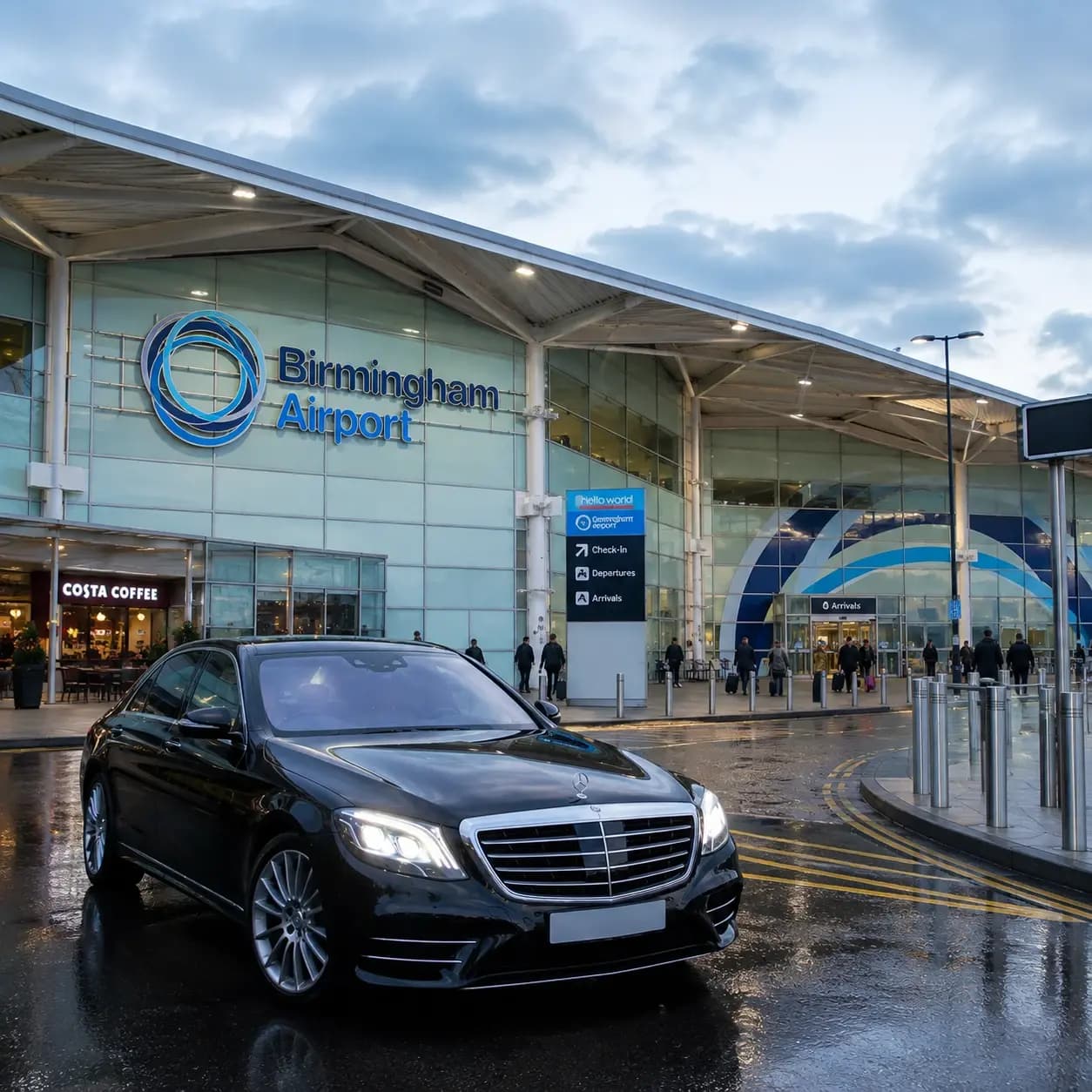 A dark Mercedes saloon photographed from the front