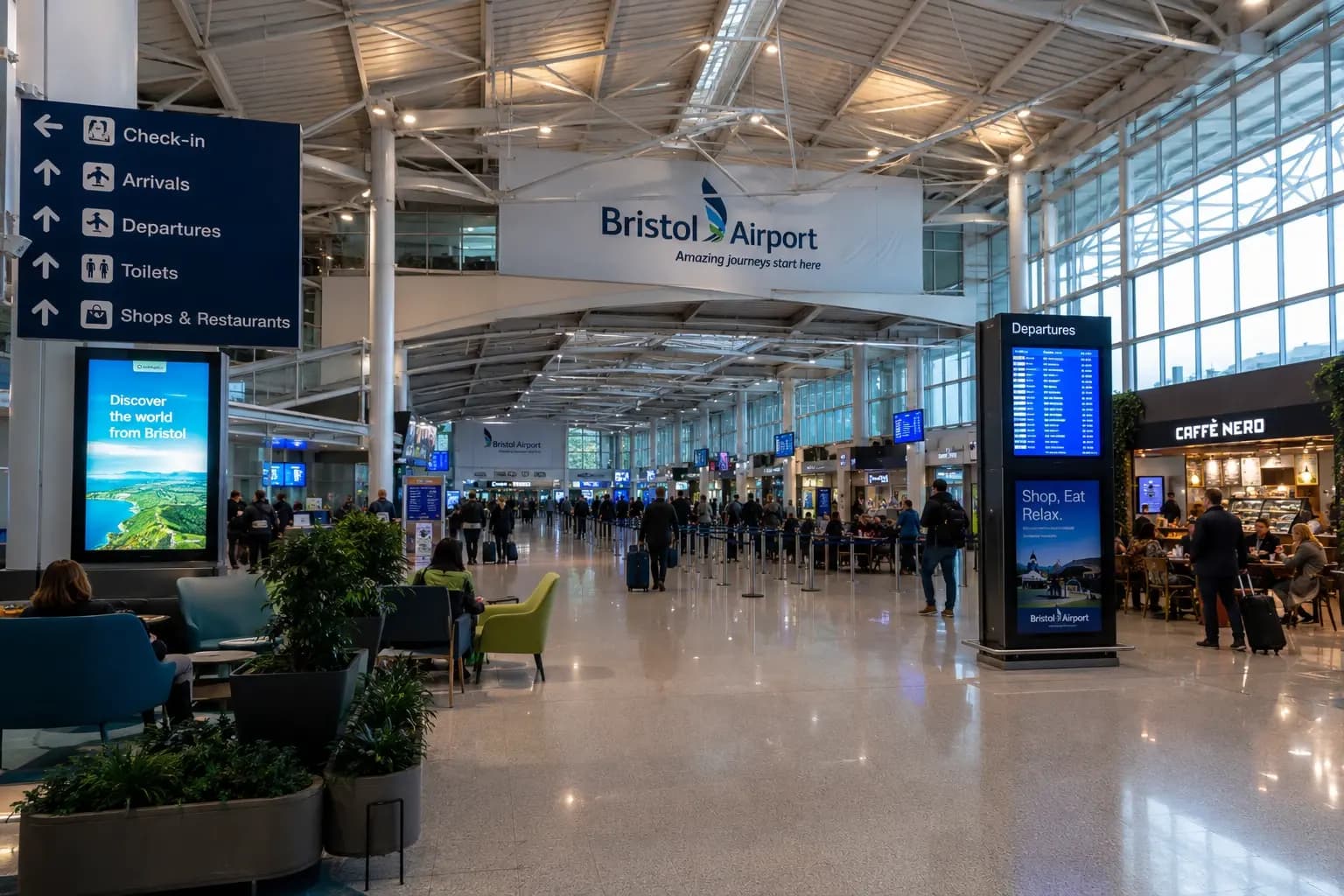 Check-in desks in a quiet airport terminal