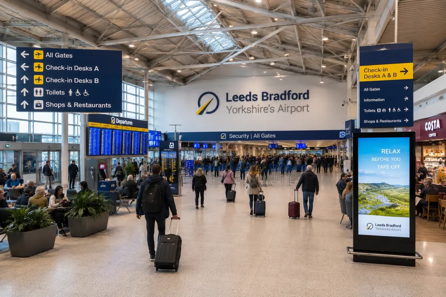 Check-in desks in a quiet airport terminal