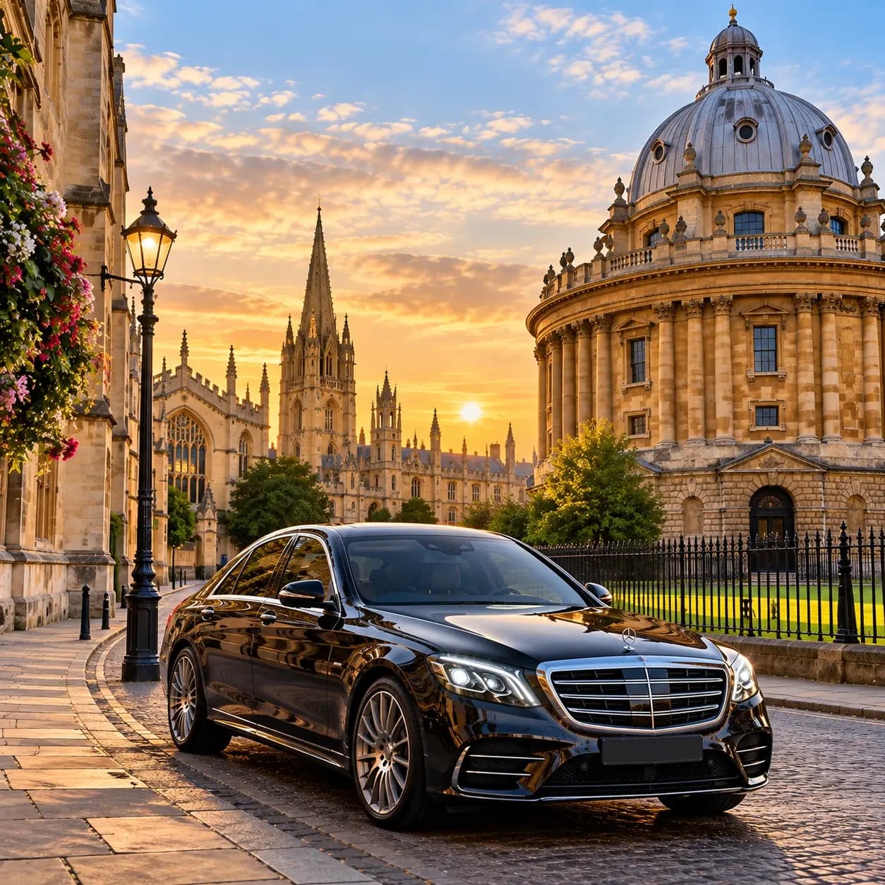 A dark Mercedes saloon photographed from the front
