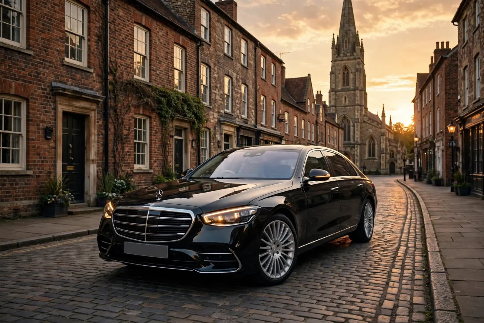 A dark Mercedes saloon photographed from the front